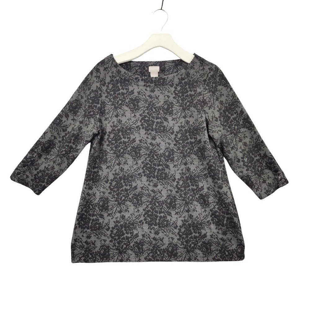 Chicos Womens Classic Romantic Office Goth Knit Top 1 M Black Gray Floral Lace